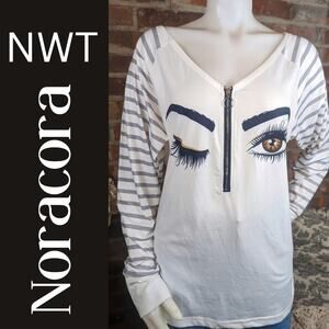 Noracora Graphic Top XL White Black Winking Eye Face Long Sleeve V-Neck NEW